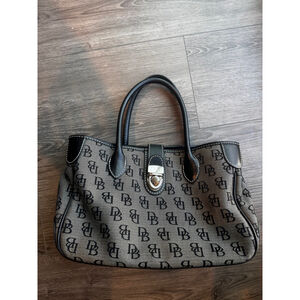 Dooney & Bourke DB Monogram Satchel Black Grey Canvas Leather Trim Shoulder Bag